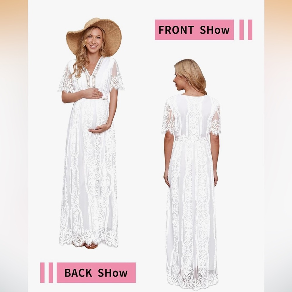 V Neck Floral Lace White Short Sleeve Boho Photoshoot Maternity Dress small - Picture 4 of 12